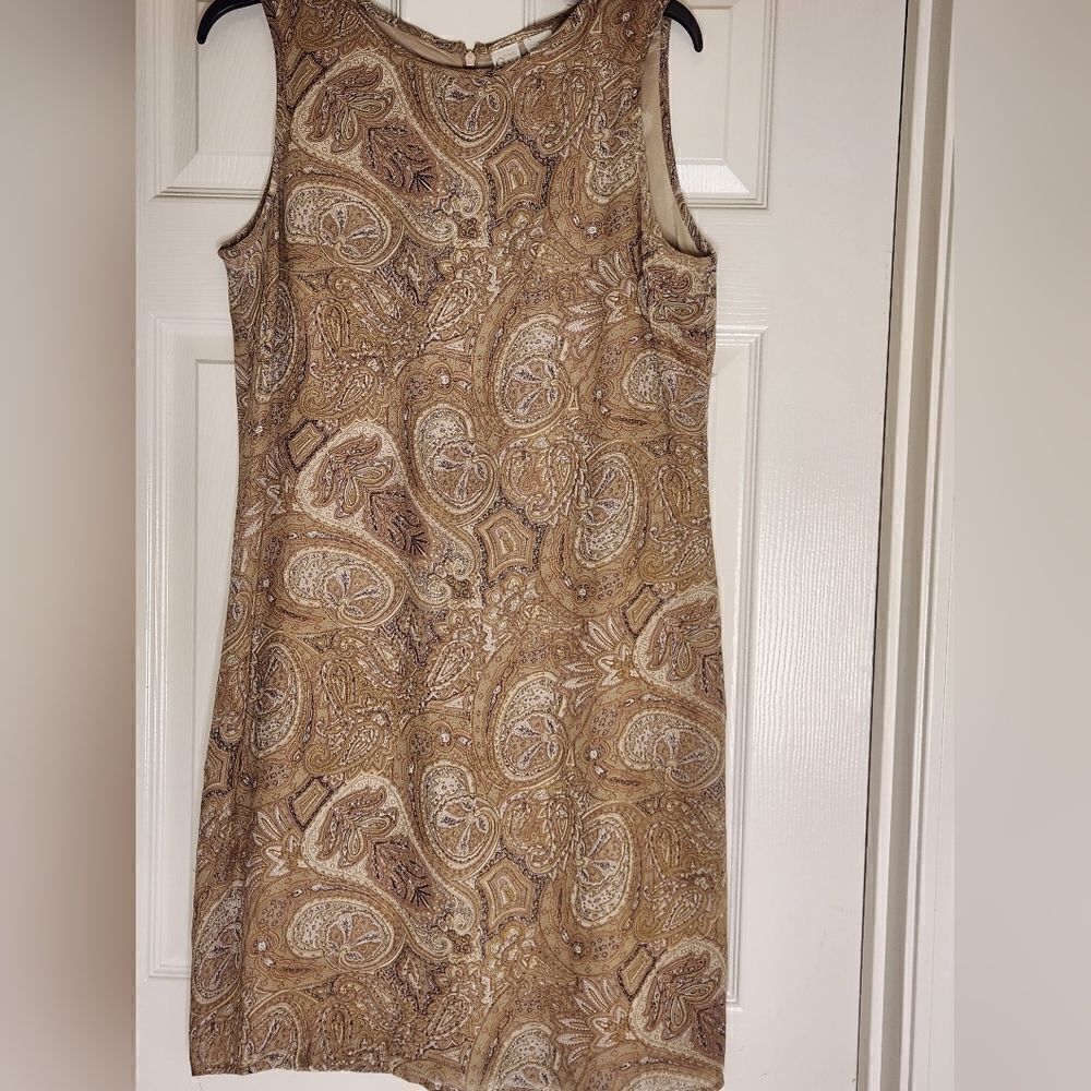 Vtg GW 10 Beige Paisley Print 100% SILK Lined Slvless Women’s Dress